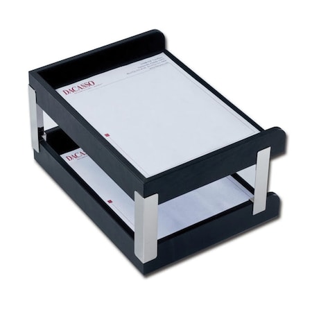 Dacasso Classic Black Leather Double Side-Load Letter Trays with Silver Posts AG-1073